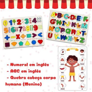 Imagem de Kit 3 Brinquedo Educativo Ingles Portugues Quebra Cabeça Corpo Humano 