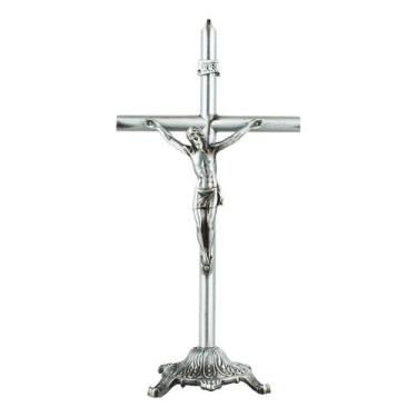 Imagem de Crucifixo De Mesa Em Metal Jesus Na Cruz Prateado 22cm - Vivere