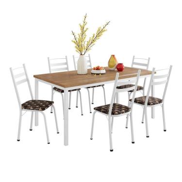 Imagem de Conjunto de Mesa Retangular com Tampo de MDP Amadeirado e 6 Cadeiras Adriana III Revestimento Sintético Palha e Branco