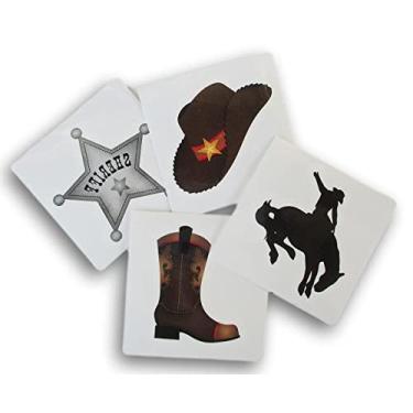 Imagem de Party Supply Artigos Para Festa: Lembrancinhas De Cowboy Do Oeste - Tatuagens Temporárias: Chapéu, Bota, Distintivo Xerife, Bronco Selvagem, 24 Quadrados Fofos