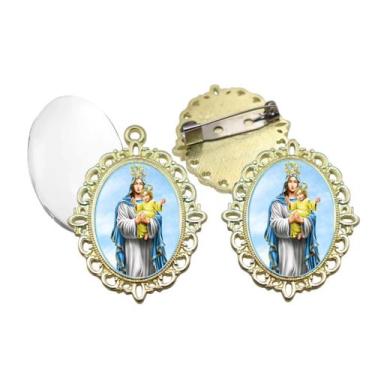 Imagem de Broche com Relicario Dourado Nossa Senhora D'Ajuda Terno Noivo lapela 