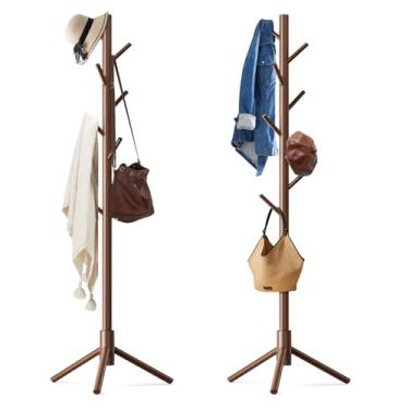 Imagem de OUTGAVA Pacote com 2 cabides de madeira maciça independente com 8 ganchos e 3 alturas ajustáveis, árvore de revestimento de montagem simples para chapéus, bolsas, suporte de cabide de madeira para