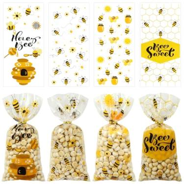 Imagem de 50 peças de sacos de brindes de celofane de abelha mel, sacos de lembrancinha de festa de abelha com laços dourados de torção, saco de doces, saco de embalagem de biscoito para festa de aniversário