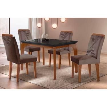 Imagem de Conjunto: Mesa Sala Jantar Londrina c/ Tampo Madeirado c/ Vidro Canto Reto 120x80cm e 4 cadeiras Amsterdã Imbuia/Grafite - Suede Capuccino - Rufato