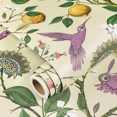 Imagem de YENHOME Papel de parede de beija-flor de 43 x 38 cm, adesivo e descasca, limão, pássaro, floral, papel de parede, folha verde, roxo, pássaro, papel de parede para quarto, sala de estar, locatário