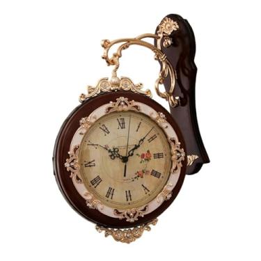 Imagem de WeiLaiKeQi Relógio de parede duplo lado decorativo, relógio de fazenda, não -taque, silencioso, redondo, relógios pendurados, antigo para sala de estar, Marrom