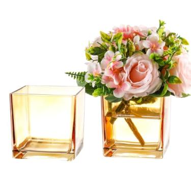 Imagem de MARTAGE Conjunto de 2 vasos quadrados de vidro âmbar, vaso quadrado de 15 x 15 x 15 cm para centros de mesa, vasos de flores para centros de mesa, vaso pequeno para casamento, festa, decoração de