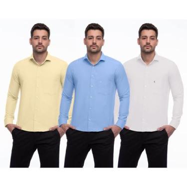 Imagem de Camisa Social Masculina Manga Longa Lisa Punhos Kit 3 Verde/Azul GG - 