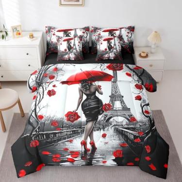 Imagem de Jogo de cama com estampa floral rosa de Paris Torre Eiffel em uma bolsa para meninas americanas com estampa floral rosa de 7 peças, conjunto de lençol casal com estampa de rosa vermelha e edredom para