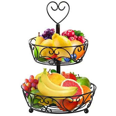 Imagem de Cesta de frutas de 2 camadas para cozinha, tigela de frutas para balcão de cozinha, cesta grande portátil e removível, suporte de frutas de metal, armazenamento de vegetais, suporte de frutas, legumes, preto