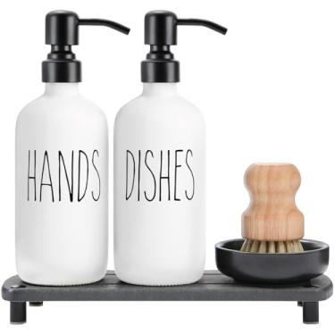 Imagem de MOMEEMO O conjunto de dispensador de sabão branco vem com bombas de aço inoxidável, bandeja de secagem instantânea preta e escova de lavar louça, adequado para decoração de cozinha e acessórios