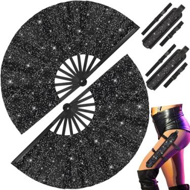 Imagem de Weysat 2 conjuntos de ventiladores grandes dobráveis para botas dançantes no chão, ventiladores com coldre de ventilador para mulheres e homens, ventilador de glitter com alça de perna e bolsa de