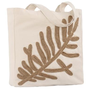 Imagem de Perseverance Trade Bolsa feminina de lona bordada de corda de cânhamo para verão reutilizável bolsa de ombro de algodão para supermercado academia praia, Folha tropical, Large