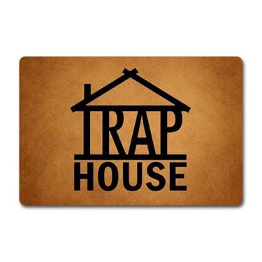 Imagem de Capacho engraçado para porta da frente - Tapete de boas-vindas antiderrapante de 60 x 40 cm com design "Trap House" - Tapete de borracha durável para entrada interna/externa
