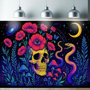 Imagem de Starlit Patio Tapeçaria de flor de cobra crânio, luz negra, UV, reativo, para pendurar na parede, terceiro olho, cogumelos, lua para quarto, dormitório, sala de estar, brilhante, psicodélico, oculto