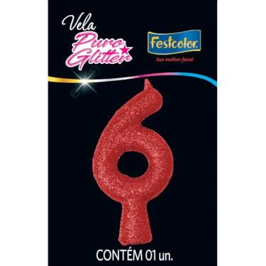 Imagem de Vela Puro Glitter Vermelha N 6 - Embalagem com 1 unidade.