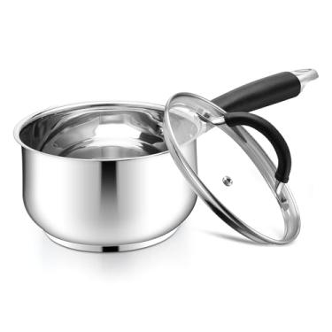 Imagem de E-far Panela de 2 litros com tampa, panela pequena de aço inoxidável de base tripla com alça para ficar fresca, panela de cozinha não tóxica, compatível com todos os cooktops, pode ser lavada na