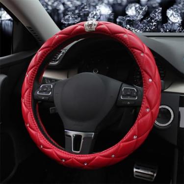 Imagem de Capa de volante de couro brilhante para mulheres, protetor de volante de carro, antiderrapante, ajuste universal, 36 cm - vermelho com coroa