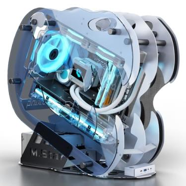 Imagem de MegaPC Capa de PC para jogos Micro-ATX/Mini-ITX de quadro aberto atualizada, painel lateral de vidro temperado, ventilador ARGB PWM pré-instalado, com USB3.0, USB-C, suporte de radiador de 240 mm