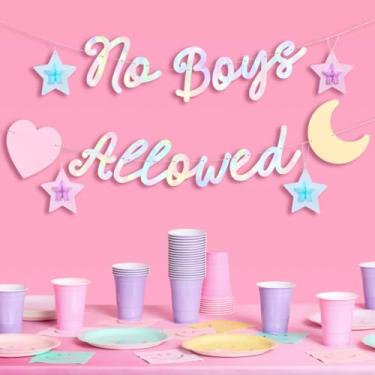 Imagem de xo, Fetti Banner No Boys Allowed - folha iridescente | 1,8 m | Decorações de festa do pijama, placa de Galentine, fundo de festa do pijama, suprimentos para meninas