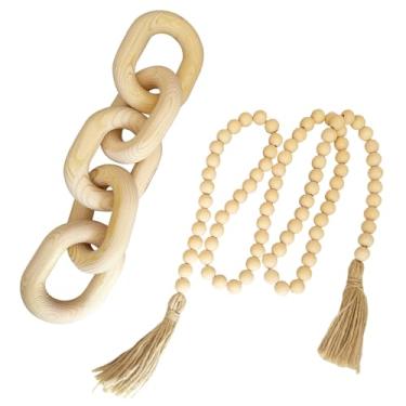 Imagem de EMINGSKY 2 peças decorativas 5 elos de corrente de madeira decoração e contas boho casa de fazenda rústica decoração de mesa para casa prateleira de mesa de centro estética moderna mesa decoração de