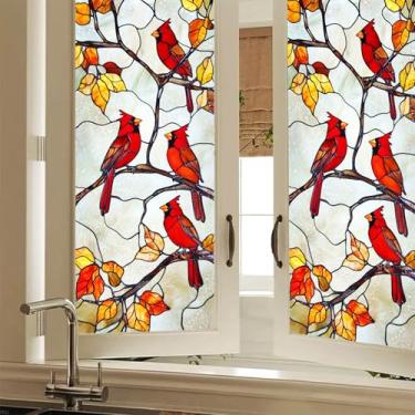 Imagem de HOMETITUTE Película decorativa para janela de vitral 45,7 x 99 cm outono pássaros vermelhos aderentes PVC folhas de outono película de privacidade painel manchado para vidro sazonal varanda decoração