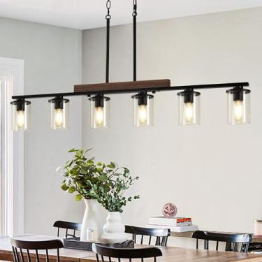 Imagem de Luminárias de ilha de cozinha de 118 cm, lustre de 6 luzes para sala de jantar sobre mesa, luminária pendente de teto de madeira rústica moderna preta, com sombra de vidro transparente, lustre de