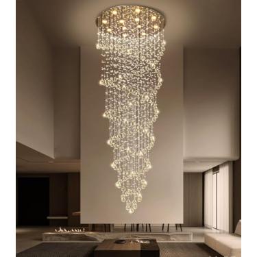 Imagem de cenozo Lustre de cristal grande moderno D82 cm x A 250 cm para hall de entrada, lustres glamorosos, luminárias de teto alto reguláveis para escadas, corredor, entrada, chuva, lâmpada prata
