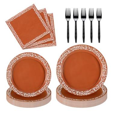 Imagem de Meanplan 250 Pcs Platos De Barro Mexicanos Plates and Napkins Baby Shower Party Supplies 9'' 7'' Mexican Plates 9.8'' Napkins 6.5'' Forks Terracotta Clay Pottery for Birthday Wedding Party Supplies