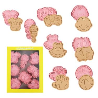 Imagem de 8 peças de cortadores de biscoito fofos para chá de bebê para assar carimbos de biscoito de plástico para festa de recém-nascido, conjunto de moldes de biscoito DIY fondant carimbos de biscoito