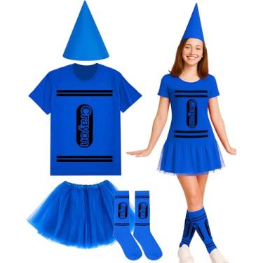 Imagem de Coume Conjunto de fantasia de giz de cera de Halloween, camiseta, tutu, chapéu, meia de Halloween, grupo, camiseta divertida tutu para mulheres cosplay, Azul, G