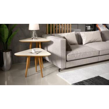 Imagem de Kit 2 Mesas Sala Lara Retrô Lateral e Apoio 3 Pontas Pés Palito cor Of