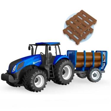 Imagem de Trator azul de Brinquedo Realista New Holland com Carretinha Carga de 