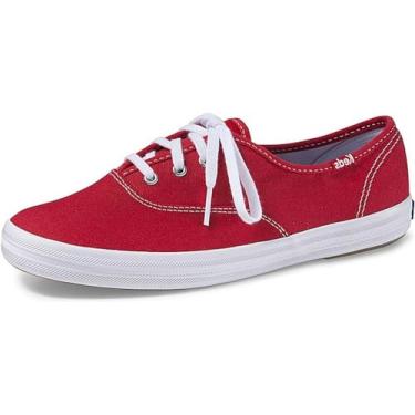Imagem de Keds Tênis feminino Champion de lona com cadarço, Tela vermelha, 8 Wide