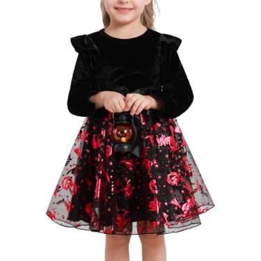 Imagem de Patgoal Toddler Girl Tutu Dresses Kids Velvet Ruffle Long Sleeve Halloween Dress Spider Pumpkin Fall Winter Tulle Dress