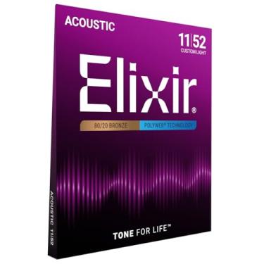 Imagem de Elixir Cordas, cordas de guitarra acústica, bronze 80/20 com revestimento POLYWEB, tom quente de longa duração com sensação confortável, conjunto de 6 cordas, luz personalizada 11-52