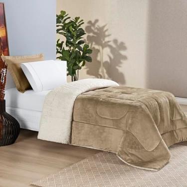Imagem de Kit Coberdrom + Jogo de Lençol Solteiro 400 fios 3 Peças Edredom Dupla Face Cobertor Pele de Carneiro Macio (Bege)