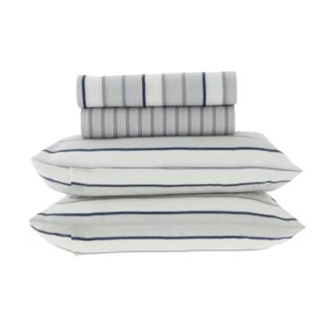 Imagem de Jogo de Lençol Casal Kacyumara New Innovi 180 Fios 100% Algodão Estampado Cama 4 Peças (Livery - Listrado Azul)