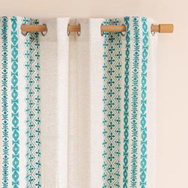 Imagem de Cortinas Boho azuis, 2 painéis para quarto, azul-petróleo, 246 cm de comprimento, cortinas bordadas geométricas para sala de estar, turquesa, boêmia, filtragem de luz, ilhós, tratamentos de janela