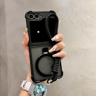 Imagem de Capa protetora magnética com suporte para pulseira e cordão para Samsung Galaxy Z Flip 6 5 4 3 5G, preta, GS, para Samsung Galaxy Z Flip6
