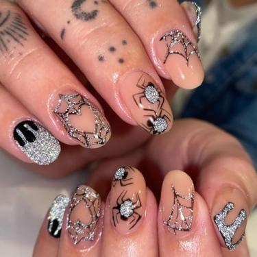 Imagem de Unhas postiças de Halloween em forma de amêndoa, unhas postiças, nude, RIICFDD unhas postiças, teias de aranha, cola nas unhas, sangue, amor, bastão nas unhas, cobertura completa, prata, glitter
