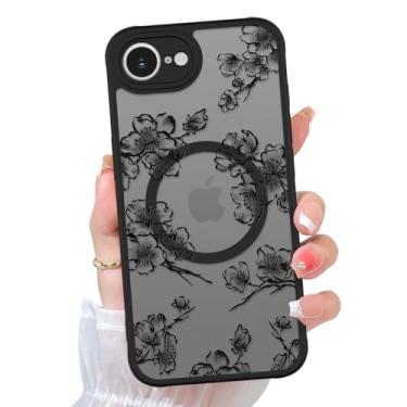 Imagem de KANGHAR Linda capa floral para iPhone 16e para mulheres e meninas [compatível com MagSafe] Capa protetora magnética de silicone macio e estética com estampa de flores de tinta preta