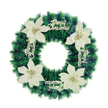 Imagem de Guirlanda de Natal dourada de 38 cm com flores artificiais e placa de "Feliz Natal" – Decoração elegante para porta de Natal