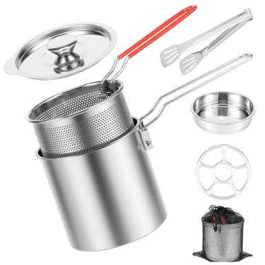 Imagem de Panela de filtro de óleo de aço inoxidável, panela pequena com cesta e alça, fritadeira tempura japonesa, fritadeira externa de grau alimentício com tampa, panela portátil para fritar peixe camarão e