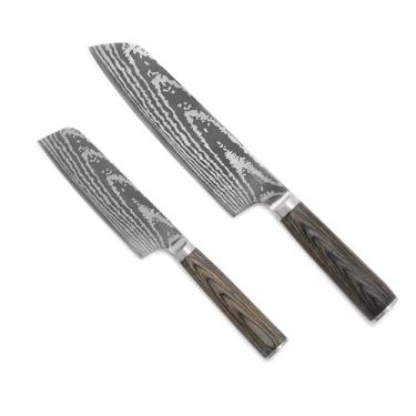 Imagem de GreenPan Conjunto de facas Santoku Bobby Flay de 12,7 cm e 17,8 cm, lâminas de aço inoxidável premium, ferramentas de cozinha de corte de precisão, talheres ultra-afiados, cabo ergonômico de madeira
