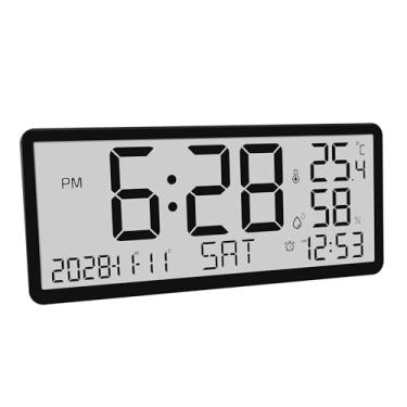 Imagem de ZLHETWT Relógio de parede digital grande, relógio de parede com visor grande, relógio digital com tela LCD alimentado por bateria com alarme de temperatura e umidade para escritório em casa (preto)