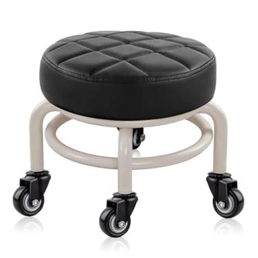 Imagem de HPONQIONE Banqueta baixa redonda rolante - banco baixo de couro PU 360° giratório mais confortável com almofada de esponja espessa para salão de manicure, pedicure, spa e casa (Black Upgrade Edition)