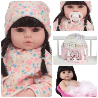 Imagem de Bebe Reborn Morena Cabelo Longo Com Bolsa Kit Acessórios - Cegonha Reb