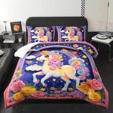 Imagem de lneffble Jogo de cama solteiro com estampa de unicórnio e arco-íris, rosa e roxo, para crianças, meninas, unicórnio e arco-íris, com 1 edredom com 2 fronhas, decoração de quarto de unicórnio e