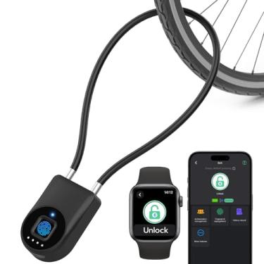 Imagem de eLinkSmart Cadeado de impressão digital, trava de cabo de impressão digital com Bluetooth contral, 38 cm à prova d'água sem chave Smart Cable Lock resistente anti-roubo para bicicleta, ao ar livre